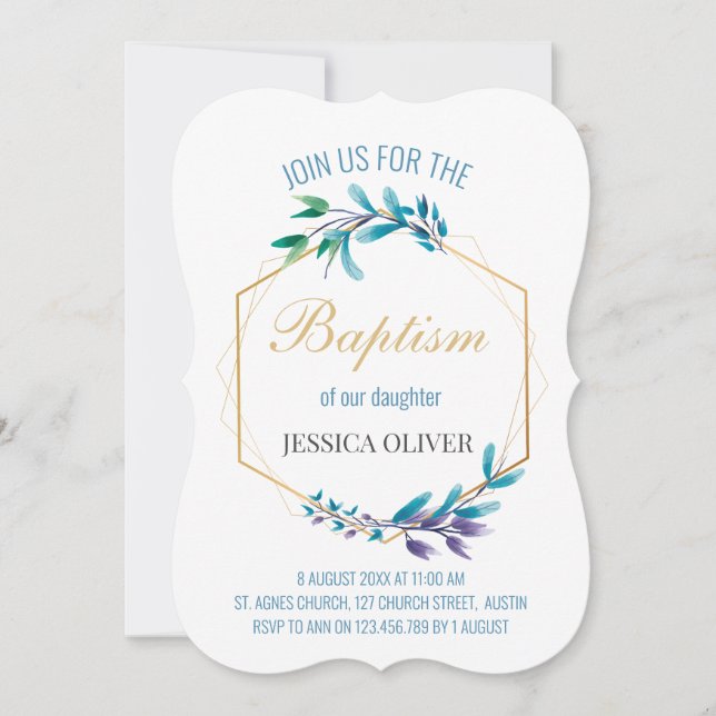 Convites Christian Blue Floral Wreath (Frente)