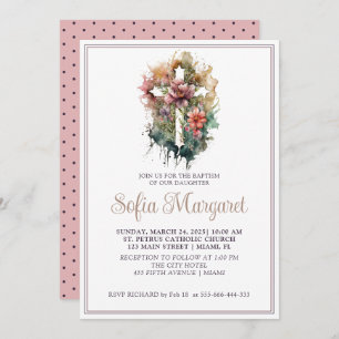 Convites Christian Cross Watercolor Flowers Girl Baptism