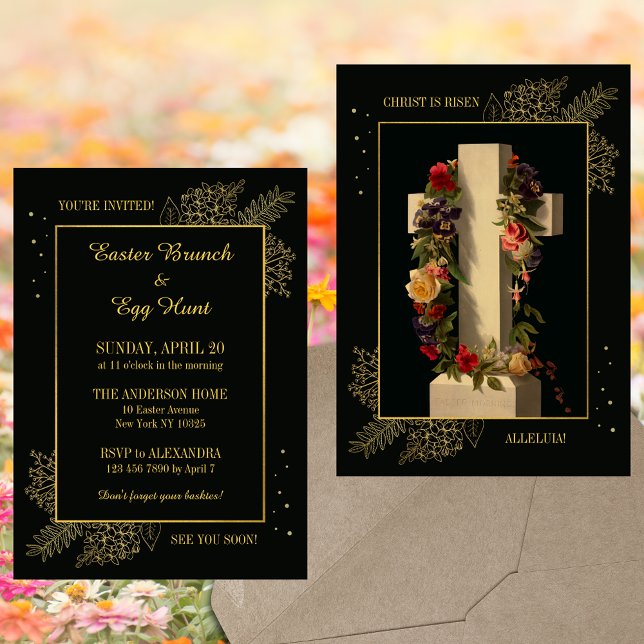 Convites Christian Floral Cross Páscoa Brunch Ovo Hunt (Christian Catholic Floral Cross Resurrection Jesus Christ is risen Easter Brunch Egg Hunt Invitation)