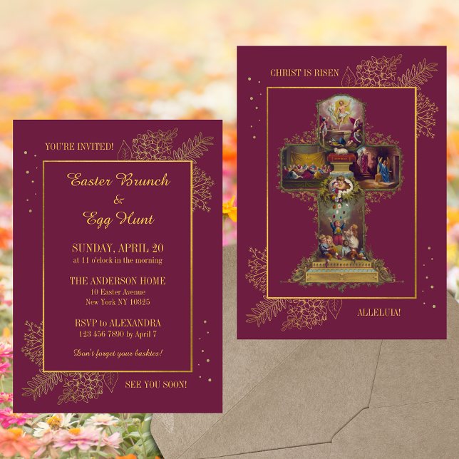 Convites Christian Floral Cross Páscoa Brunch Ovo Hunt (Purple Religious Christian Catholic Floral Easter Cross Christ is risen Brunch Egg Hunt Invitation)