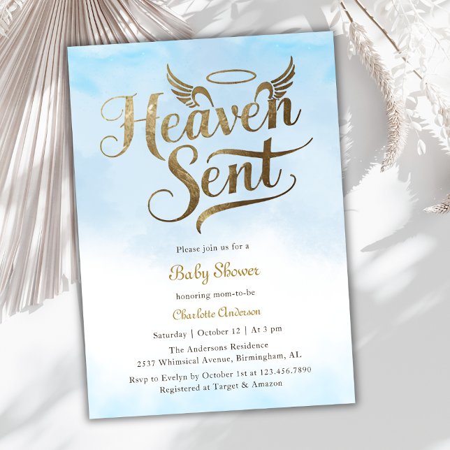 Convites Christian Heaven Enviou Chá de fraldas Azul Nuvens (This "Heaven Sent" Baby Shower Invitation captures the essence of an angel-themed celebration)