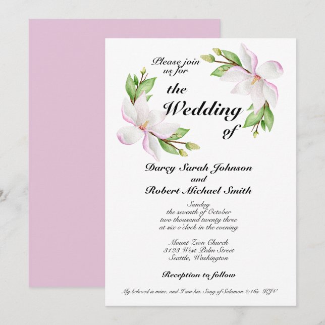 Convites Christian Wedation Invitation Watercolor Magnolias (Frente/Verso)
