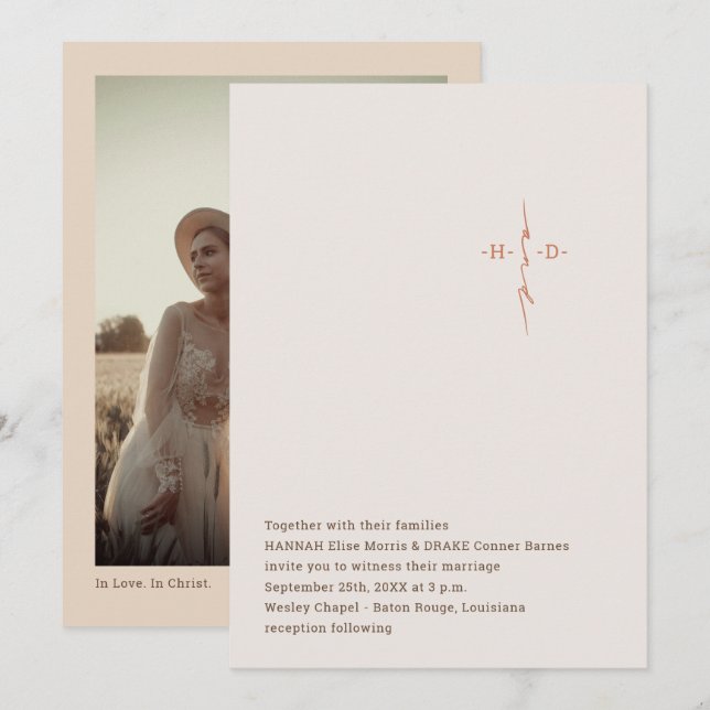 Convites Christian Wedding Hand Lettered Monogram Cross (Frente/Verso)