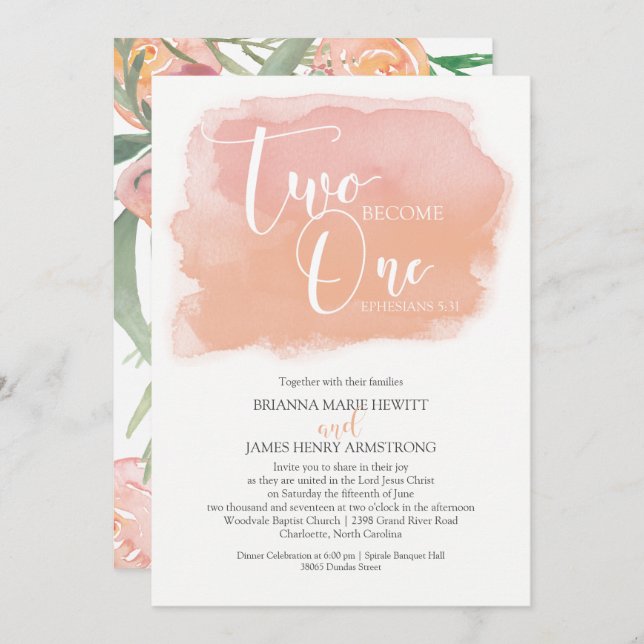 Convites Christian Wedding Watercolor Floral e Coral (Frente/Verso)
