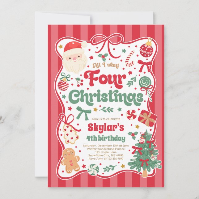 Convites Christmas 4th Birthday Party Coquette Bow Birthday (Frente)