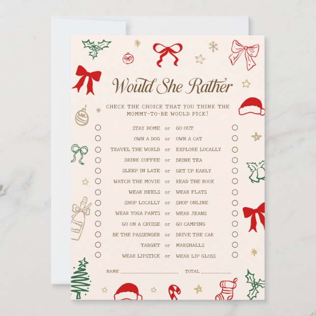 Convites Christmas Baby Shower Would She Rather Game Card (Frente)