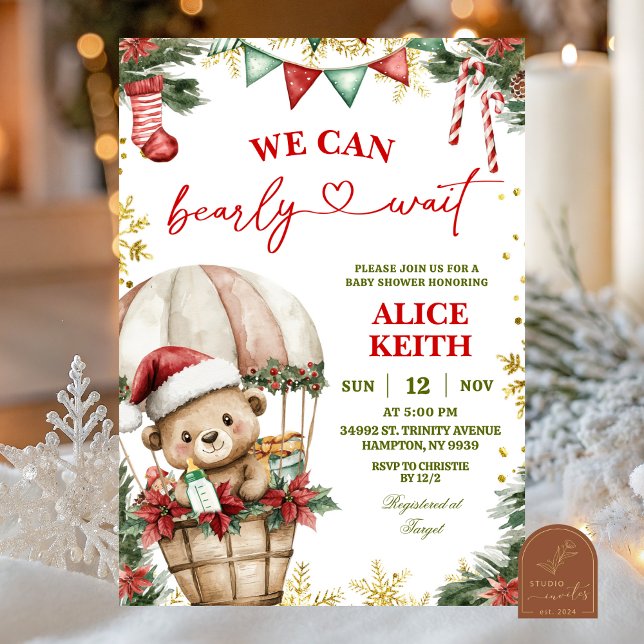 Convites Christmas Bear Air Balloon Santa Boy Baby Shower (Criador carregado)