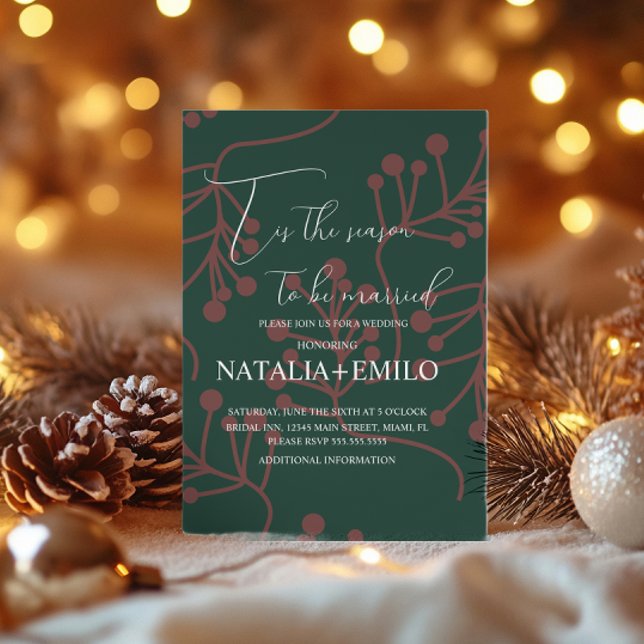 Convites Christmas Berries Elegant Holiday Green Wedding  (Criador carregado)