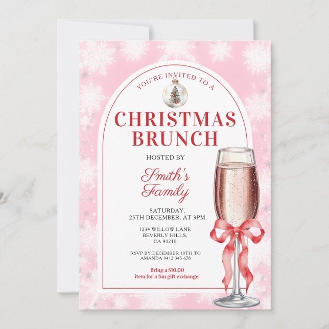 Convites Christmas Brunch Party Red Bow Wine Pink Gingham (Frente)