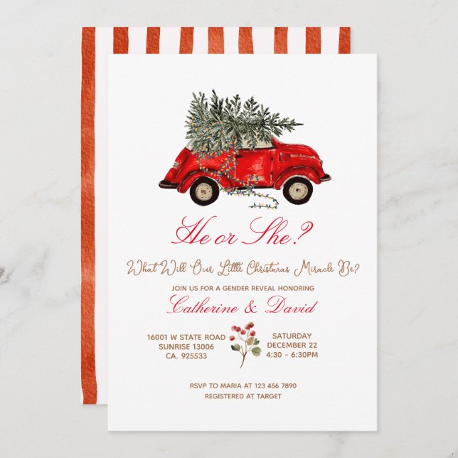 Convites Christmas Car and Tree Gender Reveal Invitation (Frente/Verso)