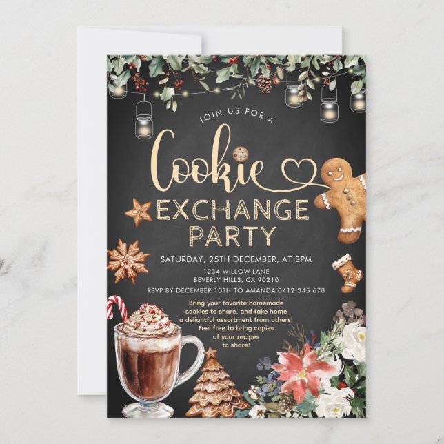 Convites Christmas Cookie Hot Cocoa Exchange Party Floral (Frente)
