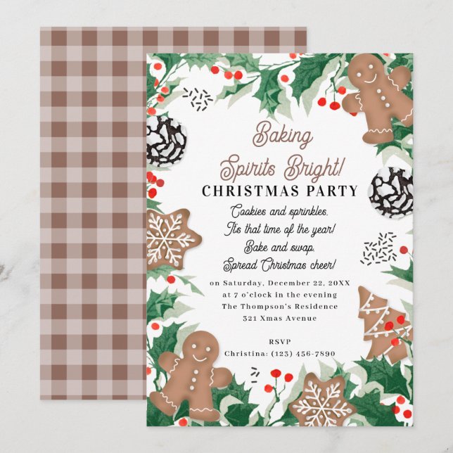 Convites Christmas Cookie Swap Baking Spirits Bright (Frente/Verso)