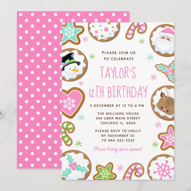 Convites Christmas Cookies Birthday Party Pink and Green (Frente/Verso)