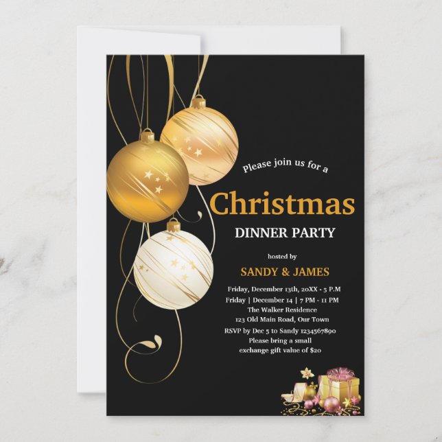 Convites christmas dinner party black and gold baubles  (Frente)