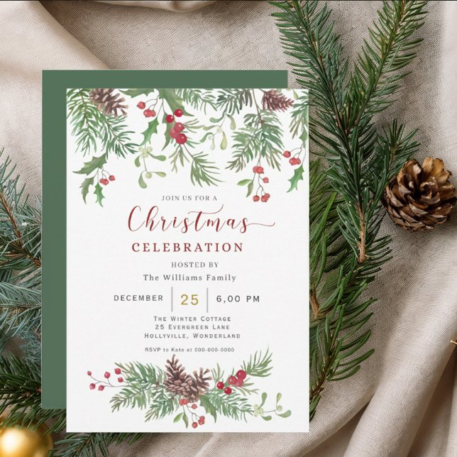 Convites Christmas Greenery Watercolor Celebration Invitati (Criador carregado)