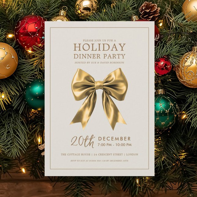Convites Christmas Holiday Dinner Party Gold Satin Bow (Christmas Holiday Dinner Party Gold Satin Bow Invitation)