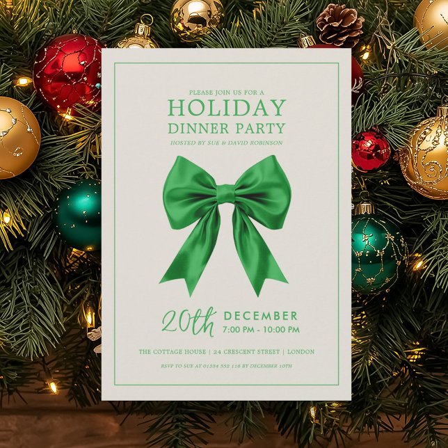 Convites Christmas Holiday Dinner Party Green Satin Bow (Christmas Holiday Dinner Party Green Satin Bow Invitation)