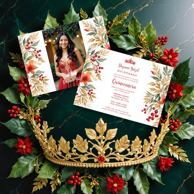 Convites Christmas Holly Sweet Floral Spanish Photo Mis XV (Christmas Inspirations Holly Sweet Floral Spanish Photo Mis XV Invitations Cards. )