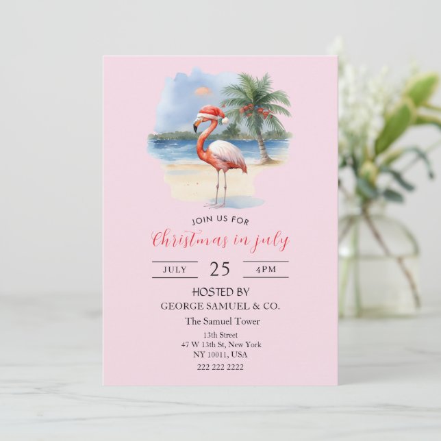 Convites Christmas in July Custom Company Name Flamingo (Em pé/Frente)