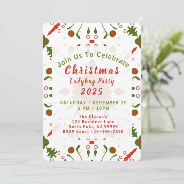 Convites Christmas Ladybug Party Red White Green (Em pé/Frente)