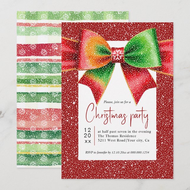 Convites Christmas large red and green bow holiday party (Frente/Verso)