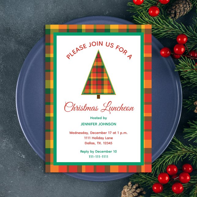 Convites Christmas Luncheon Colorful Plaid Christmas Tree (Criador carregado)