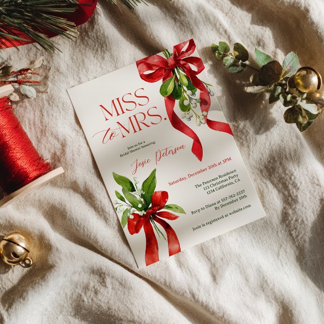 Convites Christmas Mistletoe Red Bow Miss to Mrs Bridal (Christmas Mistletoe Red Bow Miss to Mrs Bridal Invitation)