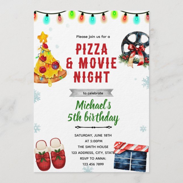 Convites Christmas Movie Pizza and Pajama Party Invitation (Frente)