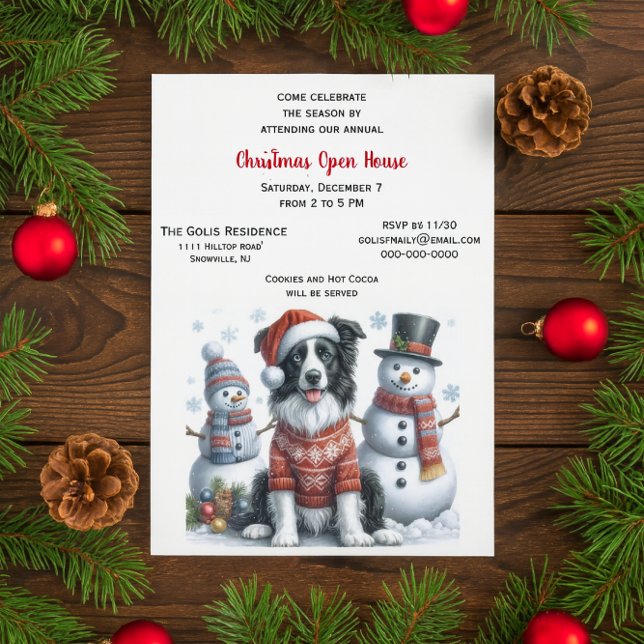 Convites Christmas Open House with Border Collie & Snowman  (	Border Collie Christmas open house invitation with snowman friends)