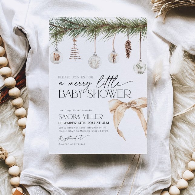 Convites Christmas Ornaments and Neutral Bow Baby Shower (Criador carregado)