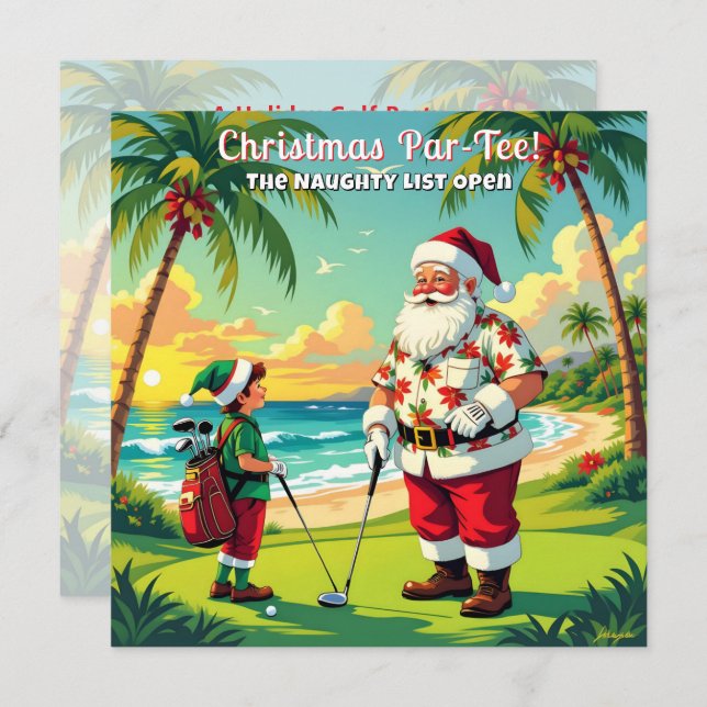 Convites Christmas Par-Tee Fun Tropical Golf Santa Party SQ (Frente/Verso)