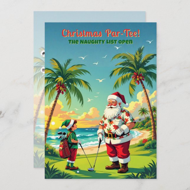 Convites Christmas Par-Tee Funny Tropical Golf Santa Party (Frente/Verso)