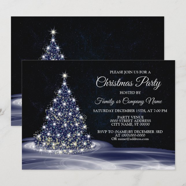 Convites Christmas Party Blue Shiny Tree Winter Navy (Frente/Verso)