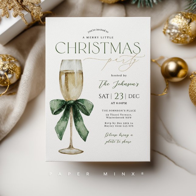 Convites Christmas Party Champange Glass Green Gold  (Christmas party invitation with champagne glass with festive green bow. )