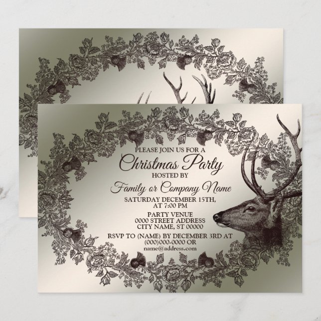 Convites Christmas Party Floral Reindeer Golden Winter (Frente/Verso)