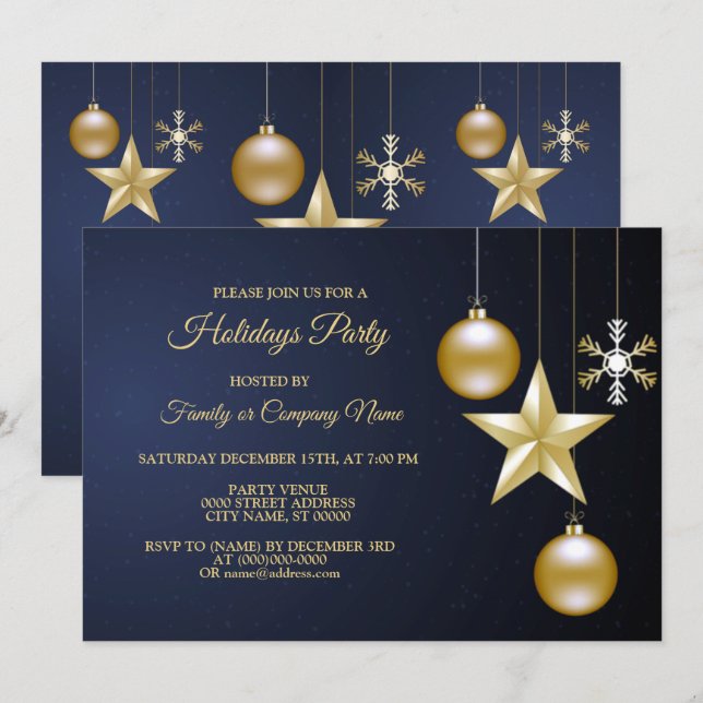 Convites Christmas Party Golden Ornaments Navy Blue Elegant (Frente/Verso)