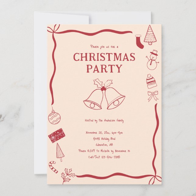 Convites Christmas Party Hand Drawn Holiday Red Coquette (Frente)