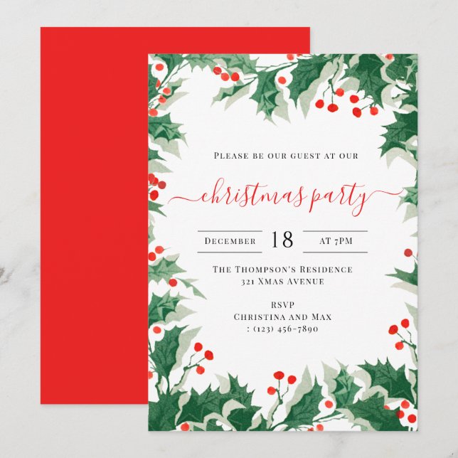 Convites Christmas Party Holiday Watercolor Holly Berries (Frente/Verso)