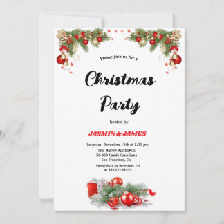 Convites Christmas party red green baubles invitatio