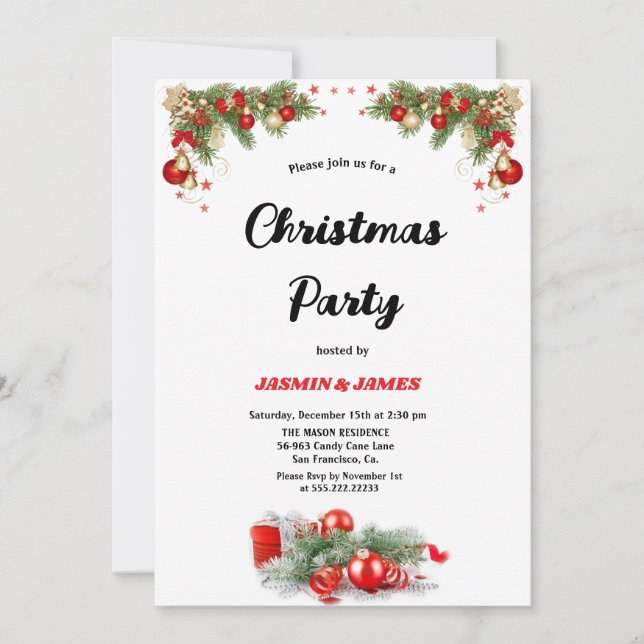 Convites Christmas party red green baubles invitatio (Frente)