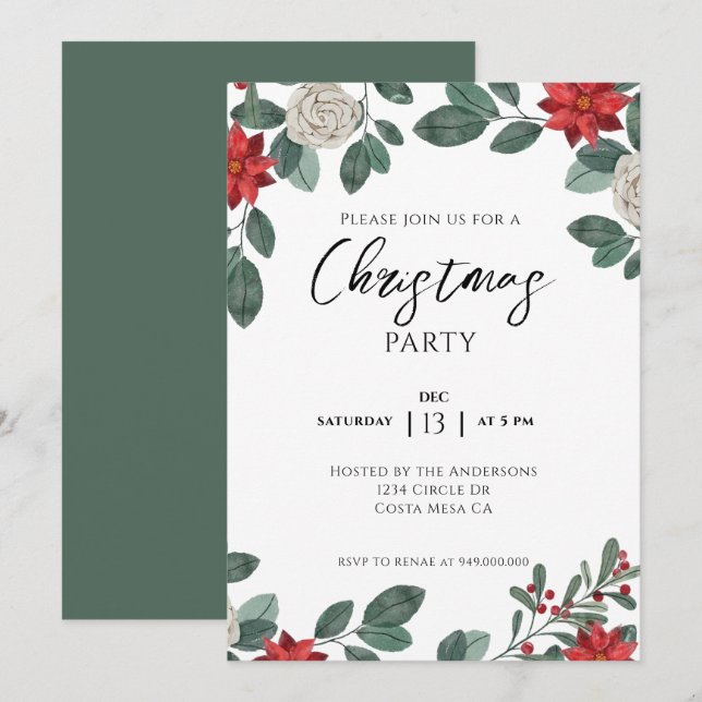 Convites Christmas Party Red Green Floral (Frente/Verso)
