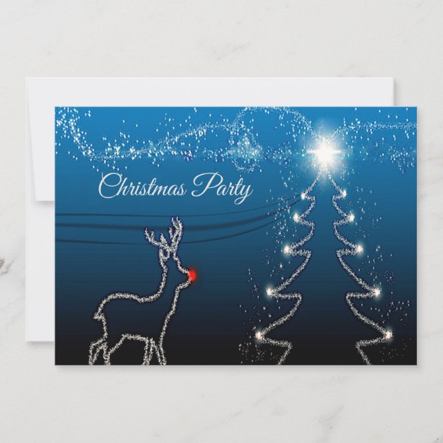 Convites Christmas Party Reindeer Tree Blue Sky Shiny Stars (Frente)