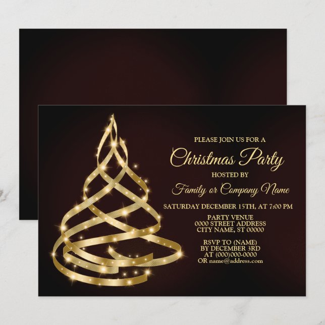 Convites Christmas Party Shiny Golden Ribbon Tree Sparkle (Frente/Verso)