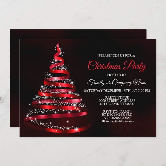 Convites Christmas Party Shiny Red Ribbon Tree Sparkle (Frente/Verso)
