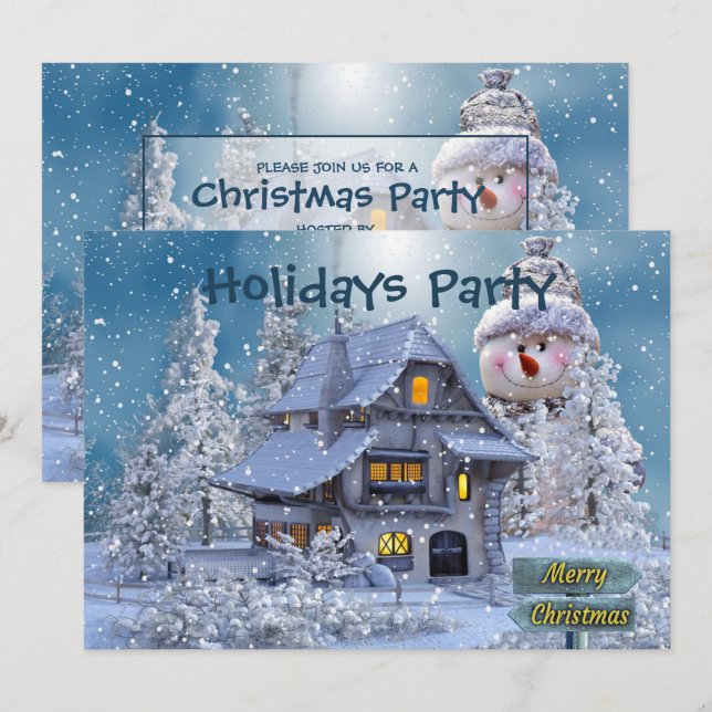 Convites Christmas Party Winter White Snowman Blue Rustic (Frente/Verso)