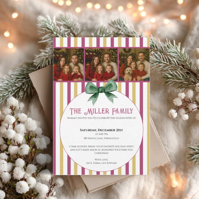 Convites Christmas Photo Invitation • Pink Gold Striped  (Modern Christmas photo invitation with red pink gold stripes and green bow)