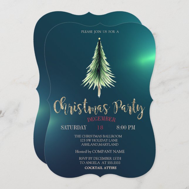 Convites Christmas Pine Tree,Chic Green Christmas Company (Frente/Verso)
