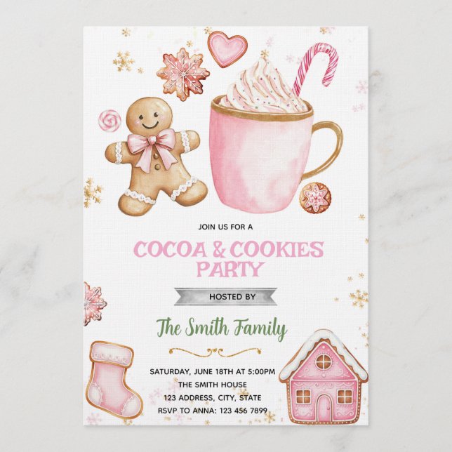 Convites Christmas pink Cookies and Cocoa invitation (Frente)