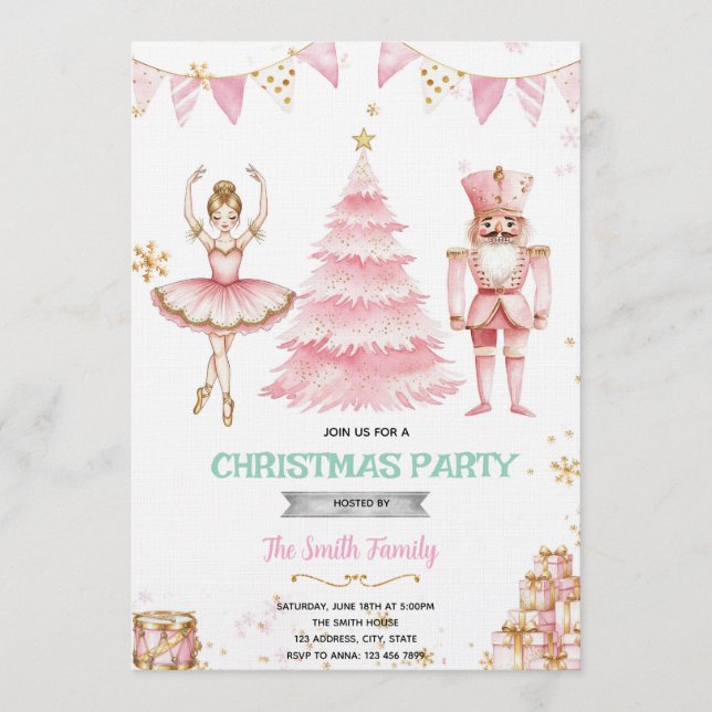Convites Christmas pink sugar plum nutcracker Invitation  (Frente)