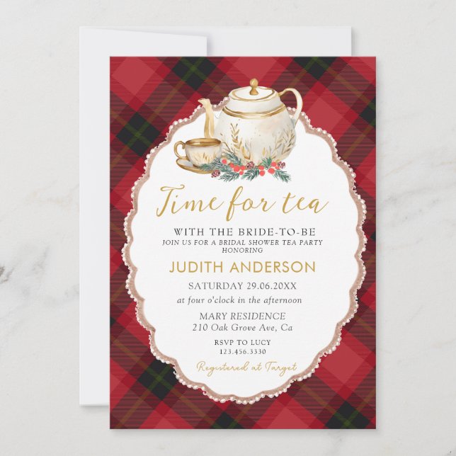 Convites Christmas Plaid Tea Party Bridal Shower Invitation (Frente)
